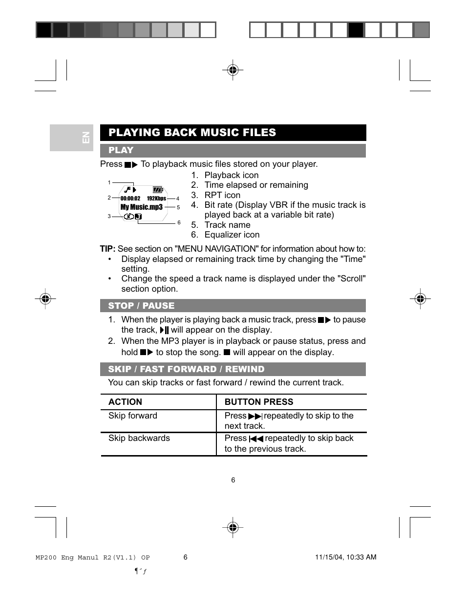 Playing back music files | Oregon MP200 User Manual | Page 9 / 22