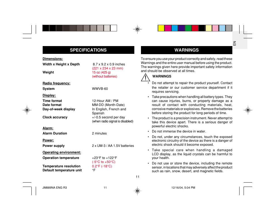 Specifications, Warnings | Oregon JM889NA User Manual | Page 12 / 16