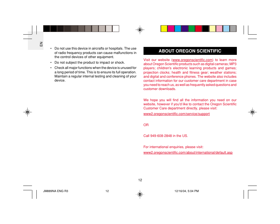 About oregon scientific | Oregon JM889NA User Manual | Page 13 / 16
