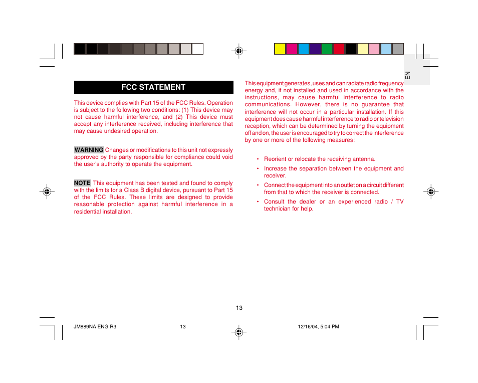 Fcc statement | Oregon JM889NA User Manual | Page 14 / 16