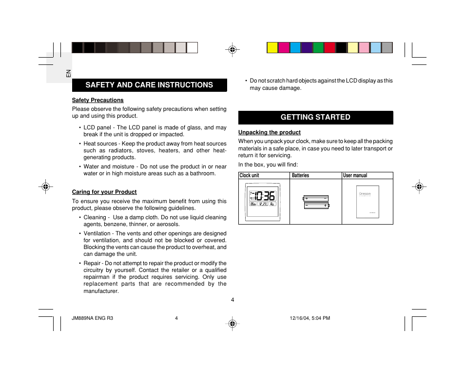 Safety and care instructions, Getting started | Oregon JM889NA User Manual | Page 5 / 16