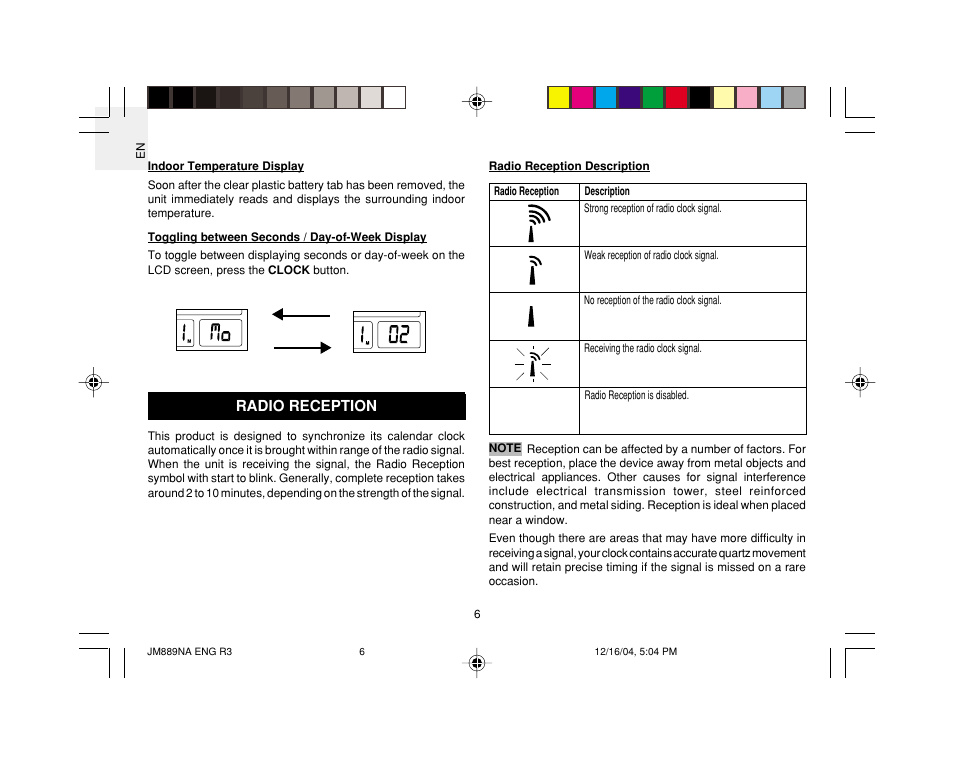 Radio reception | Oregon JM889NA User Manual | Page 7 / 16