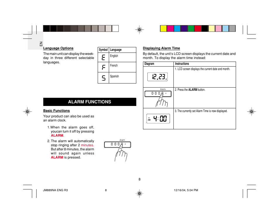 Alarm functions | Oregon JM889NA User Manual | Page 9 / 16