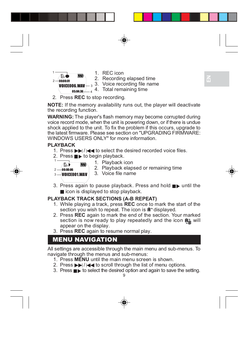 Menu navigation | Oregon MP 210 User Manual | Page 12 / 24
