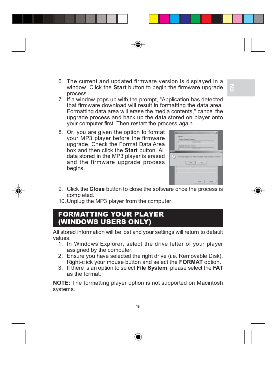 Formatting your player (windows users only) | Oregon MP 210 User Manual | Page 18 / 24
