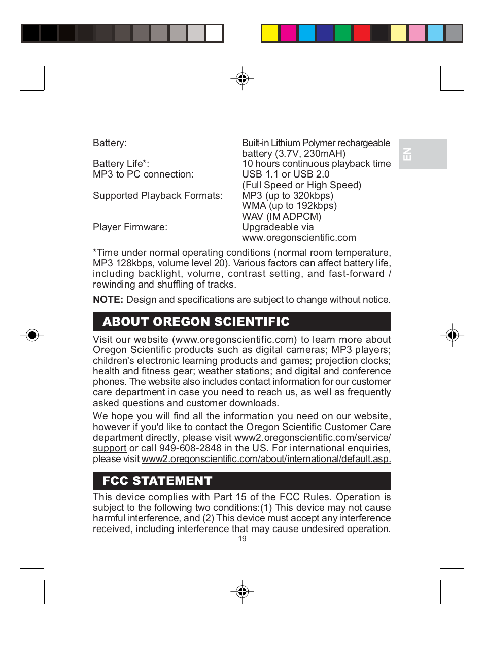 About oregon scientific, Fcc statement | Oregon MP 210 User Manual | Page 22 / 24