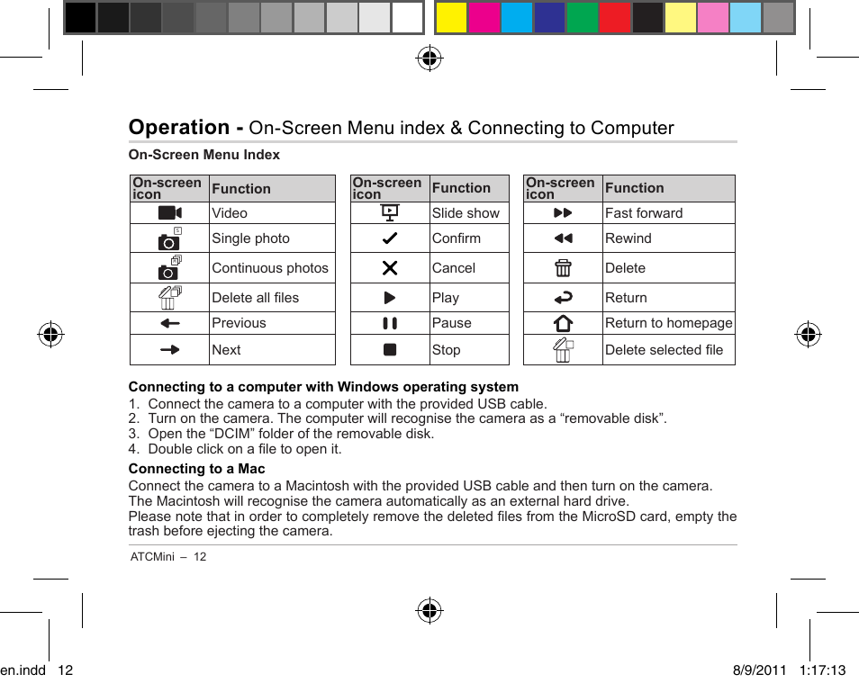 Operation, On-screen menu index & connecting to computer | Oregon ATC Mini Action Camera ATCmini User Manual | Page 14 / 28