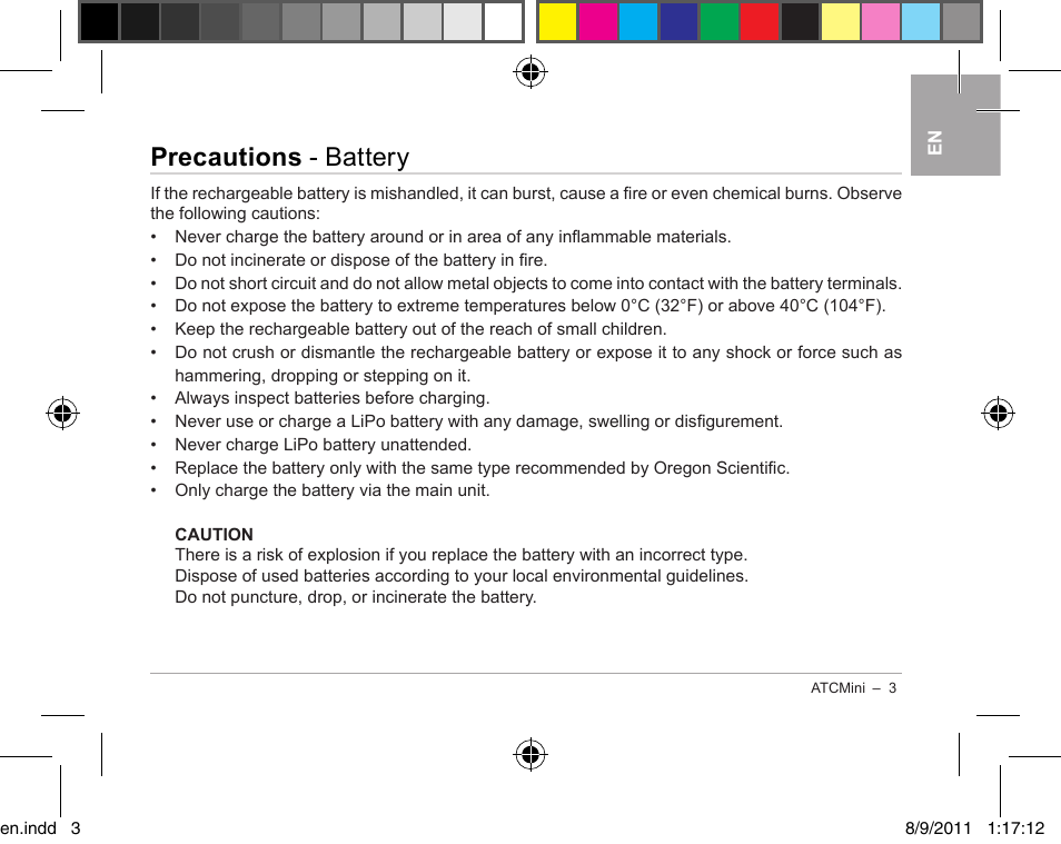 Precautions - battery | Oregon ATC Mini Action Camera ATCmini User Manual | Page 5 / 28