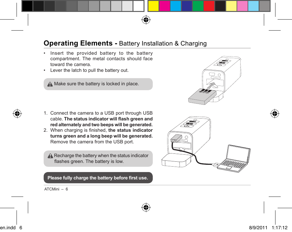 Operating elements, Battery installation & charging | Oregon ATC Mini Action Camera ATCmini User Manual | Page 8 / 28
