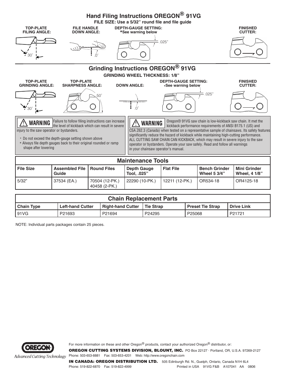 91vg f&b 8-21 pg2.pdf, Hand filing instructions oregon 91vg, Grinding instructions oregon ® 91vg | Chain replacement parts, Maintenance tools | Oregon 91VG User Manual | Page 2 / 2