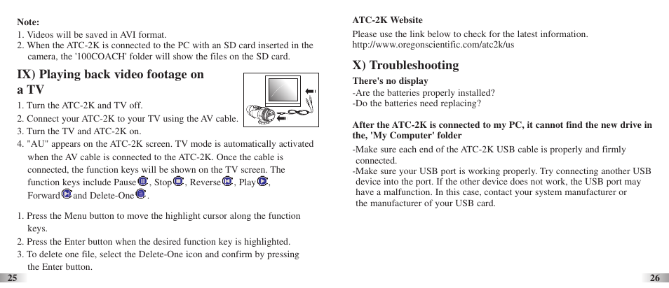 Ix) playing back video footage on a tv, X) troubleshooting | Oregon ATC-2K User Manual | Page 14 / 17