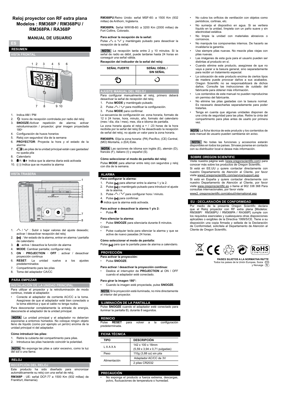 Swe nl por, Manual de usuario, Manual do usuário | Handleiding, Bruksanvisning | Oregon RM368PA User Manual | Page 2 / 8