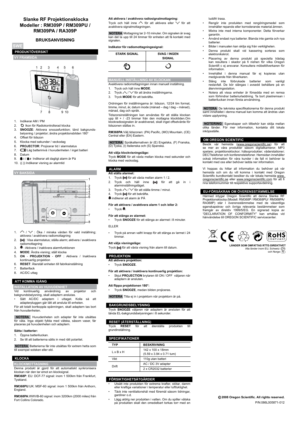 Swe nl por, Manual de usuario, Manual do usuário | Handleiding, Bruksanvisning | Oregon RM368PA User Manual | Page 8 / 8