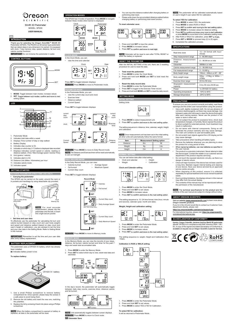 Oregon 3D sensor type pedometer SP200 User Manual | 1 page
