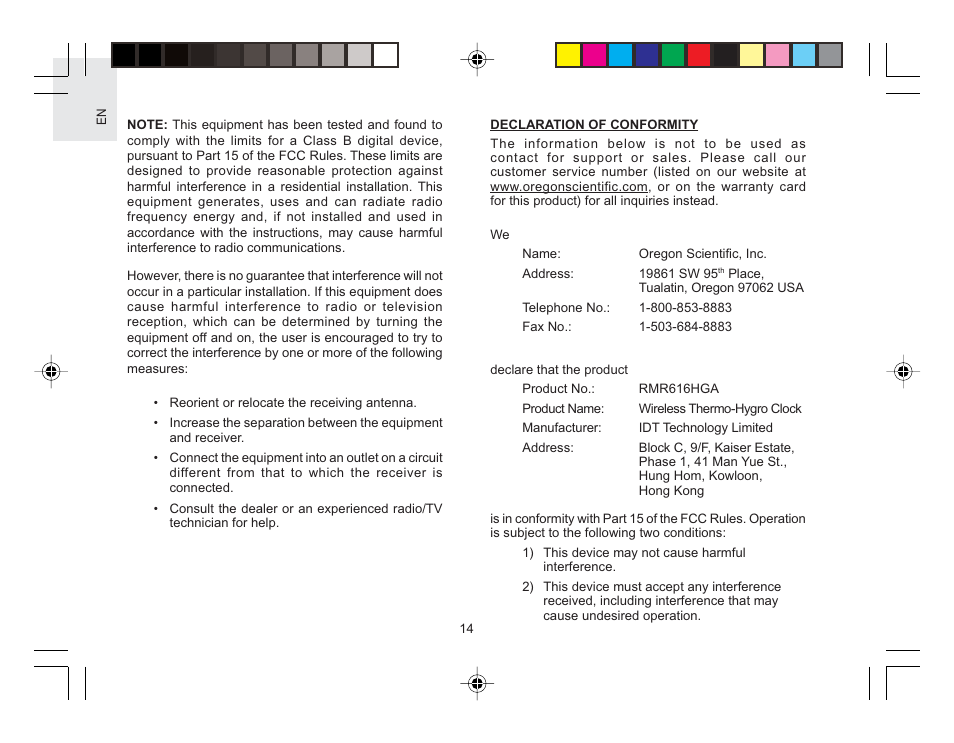 Oregon Wireless Thermo-Hygro Clock RMR616HGA User Manual | Page 15 / 16