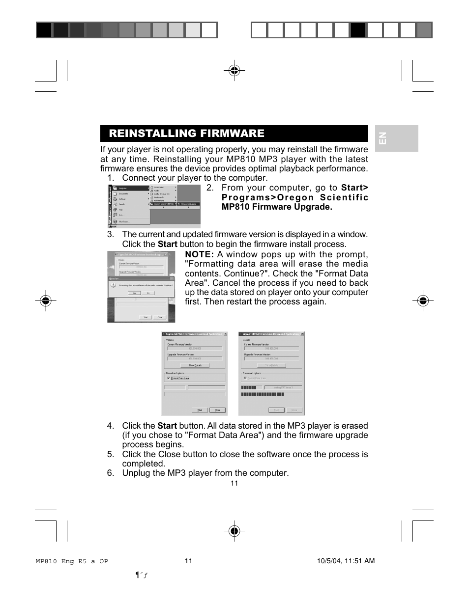 Reinstalling firmware | Oregon MP810 User Manual | Page 14 / 22