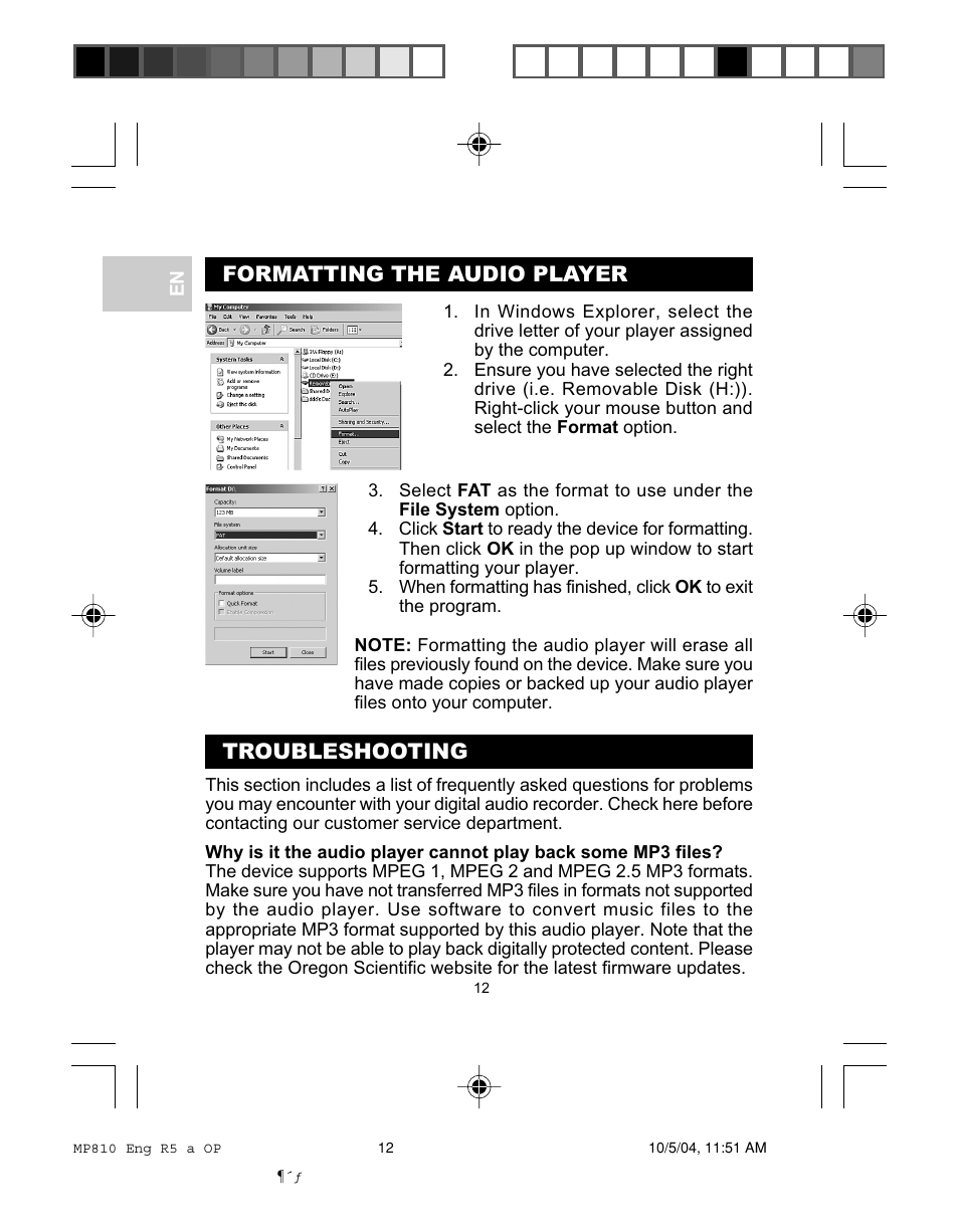 Troubleshooting, Formatting the audio player | Oregon MP810 User Manual | Page 15 / 22