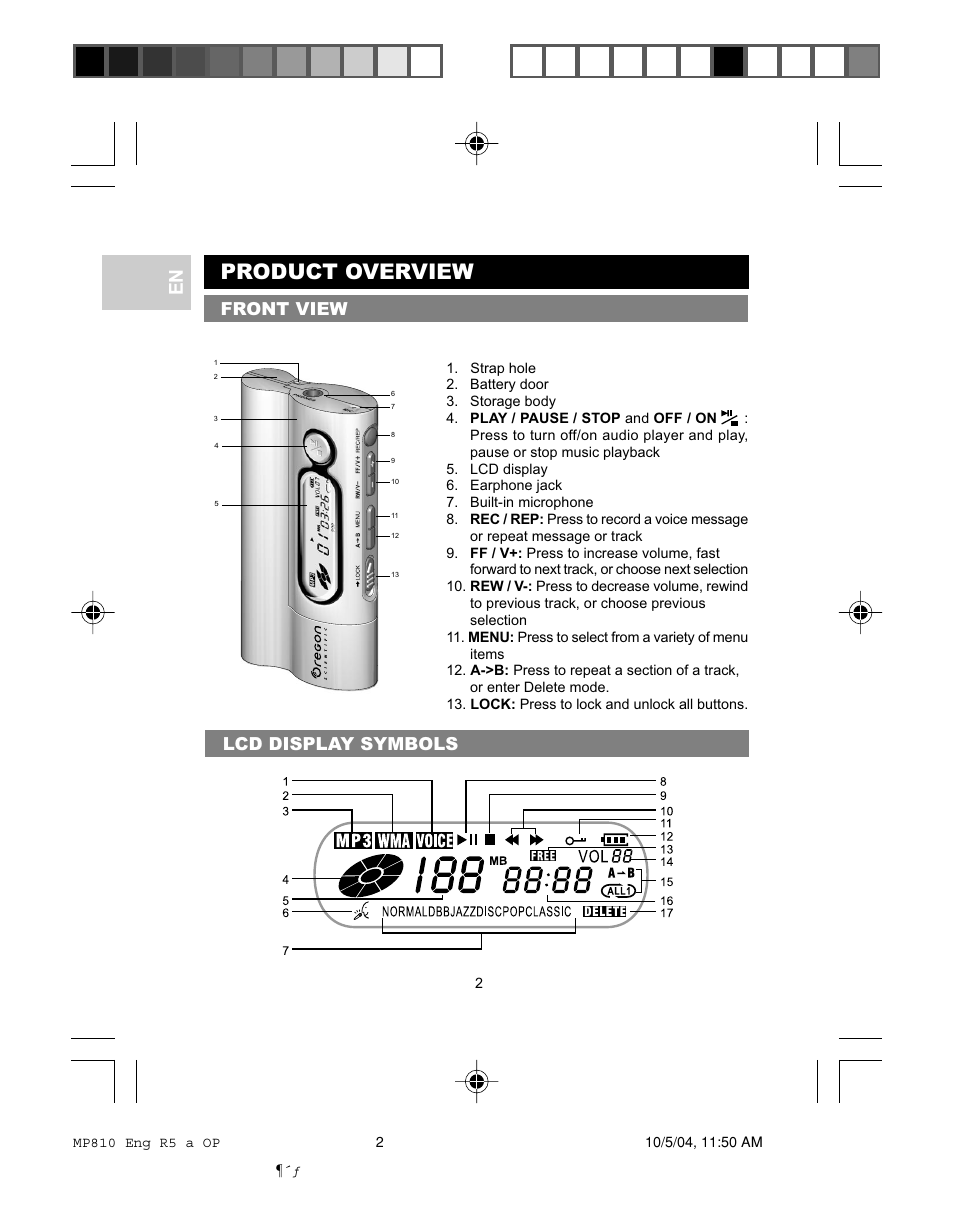 Product overview, Front view lcd display symbols | Oregon MP810 User Manual | Page 5 / 22