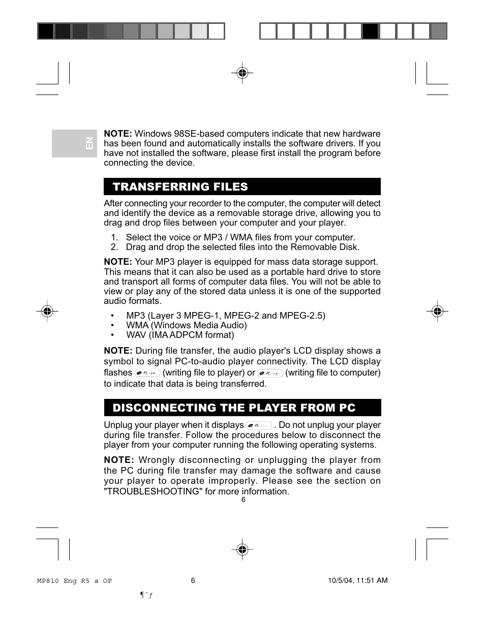 Transferring files, Disconnecting the player from pc | Oregon MP810 User Manual | Page 9 / 22