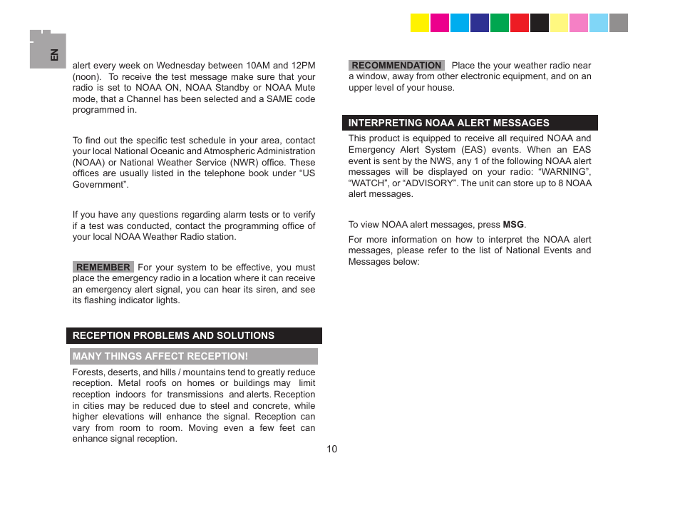 Reception problems and solutions, Fect reception, Alert messages | Oregon WR608 User Manual | Page 11 / 53