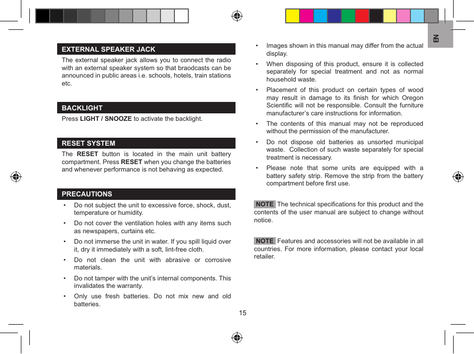 Reset system precautions speciﬁcations | Oregon WR608 User Manual | Page 16 / 53