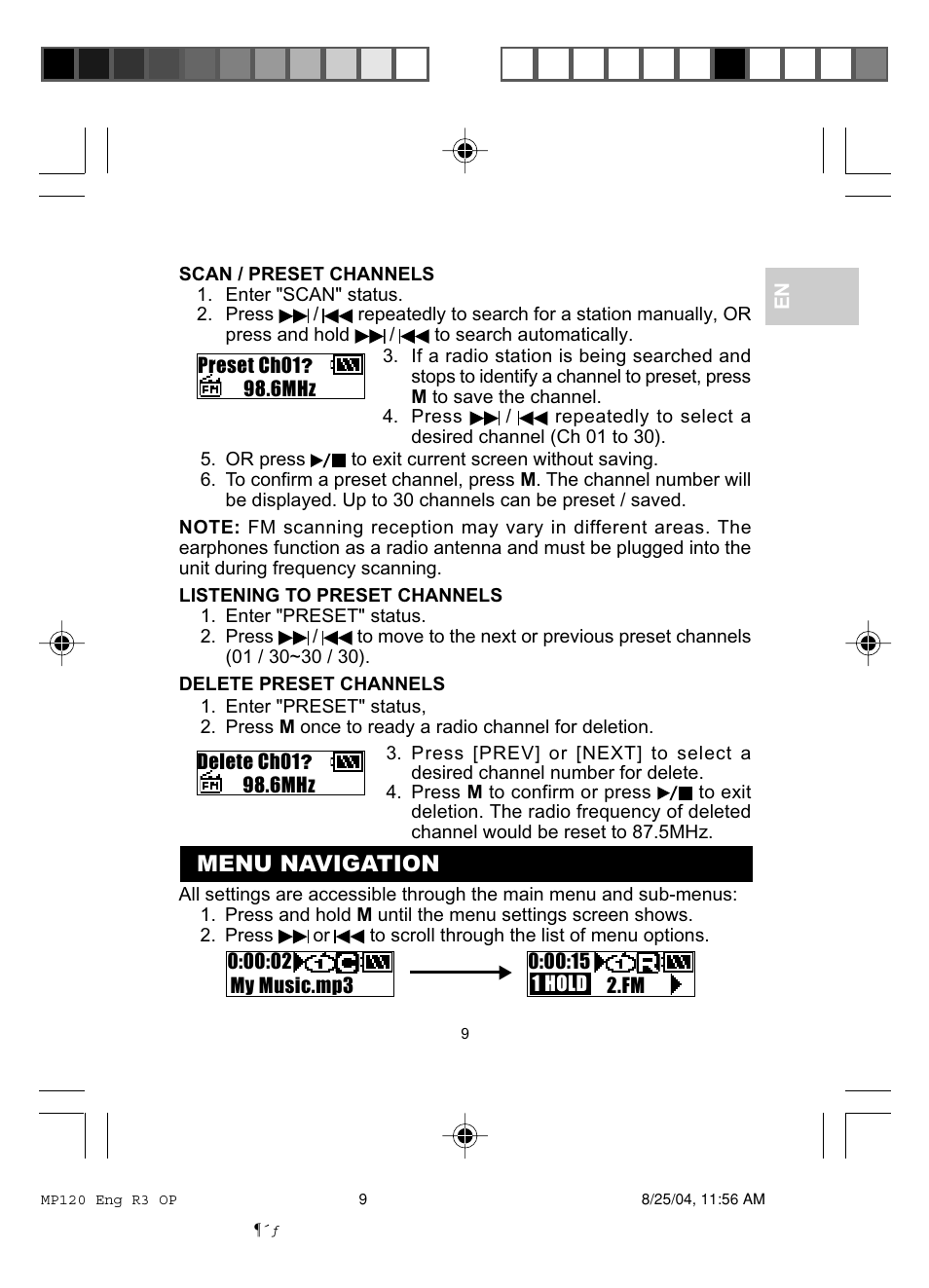 Menu navigation | Oregon MP 120 User Manual | Page 12 / 24