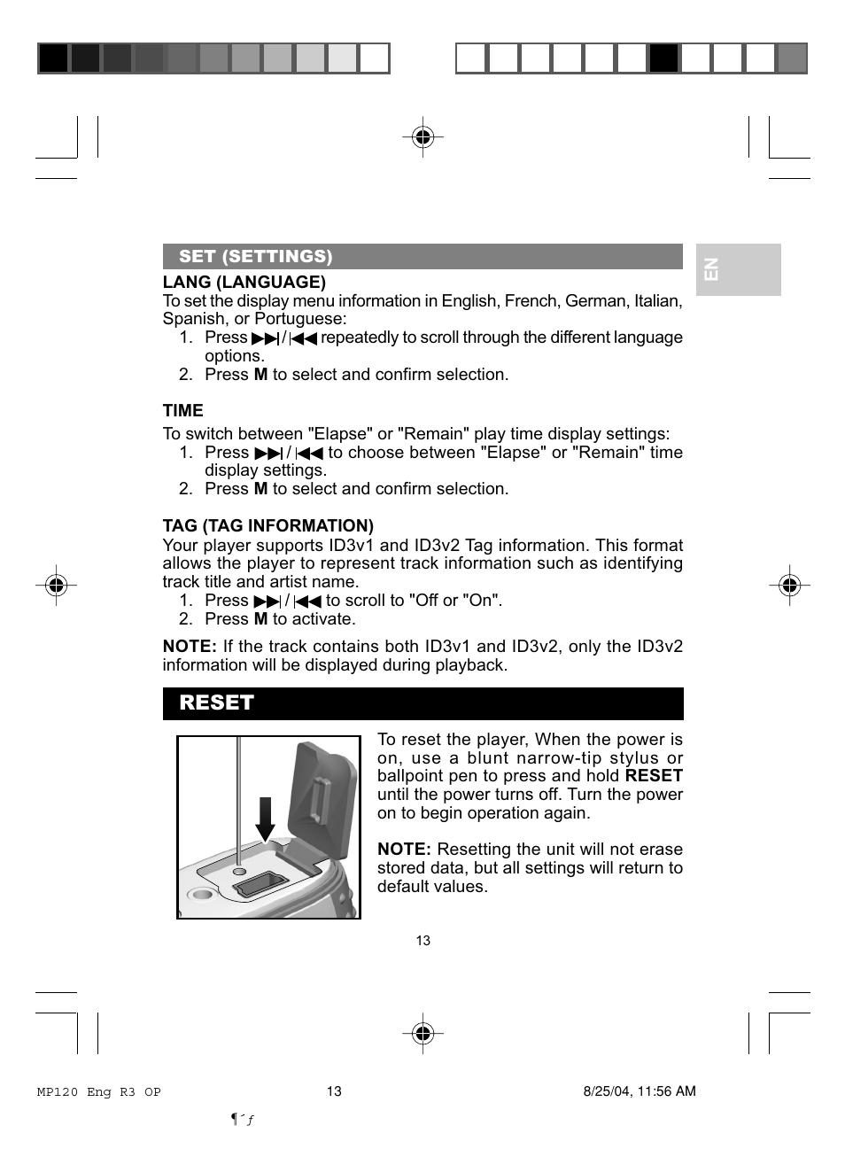 Reset | Oregon MP 120 User Manual | Page 16 / 24