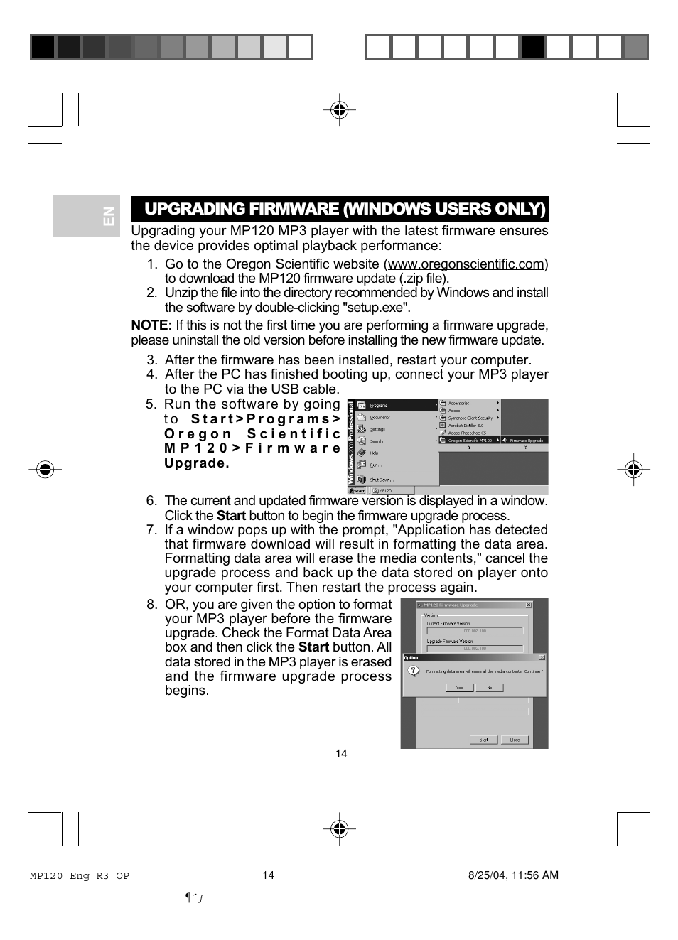 Upgrading firmware (windows users only) | Oregon MP 120 User Manual | Page 17 / 24
