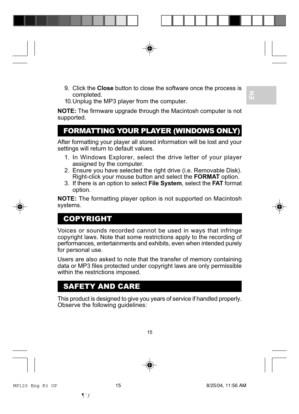 Formatting your player (windows only), Copyright, Safety and care | Oregon MP 120 User Manual | Page 18 / 24