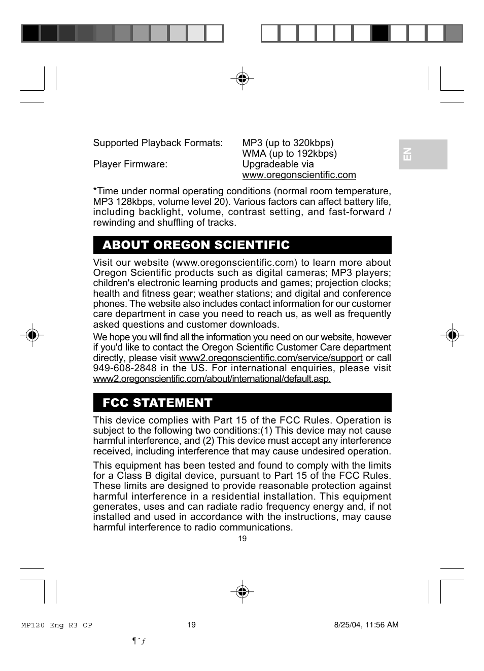 About oregon scientific, Fcc statement | Oregon MP 120 User Manual | Page 22 / 24