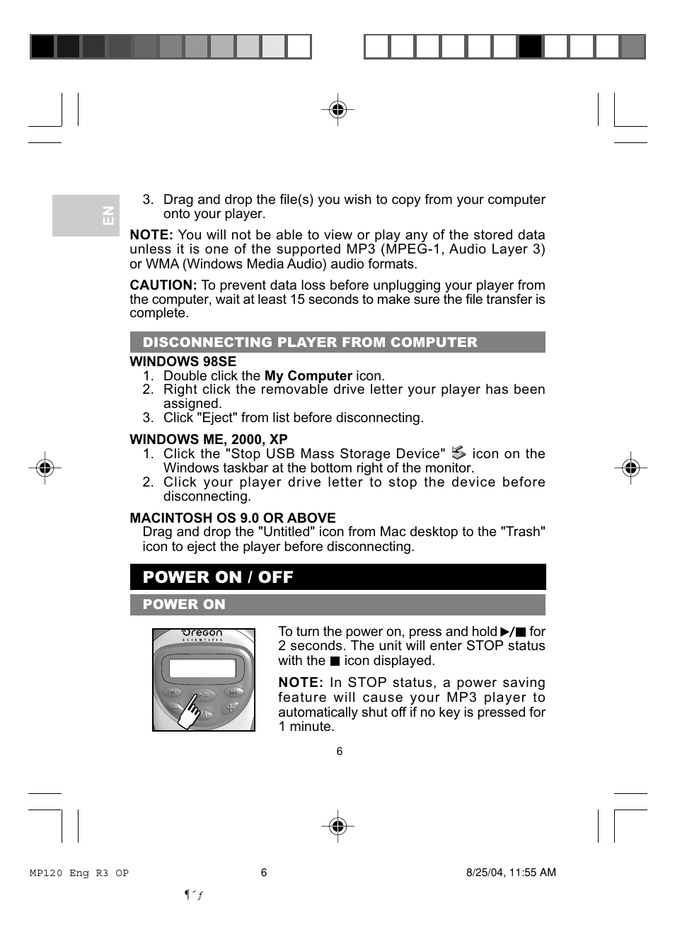 Power on / off | Oregon MP 120 User Manual | Page 9 / 24