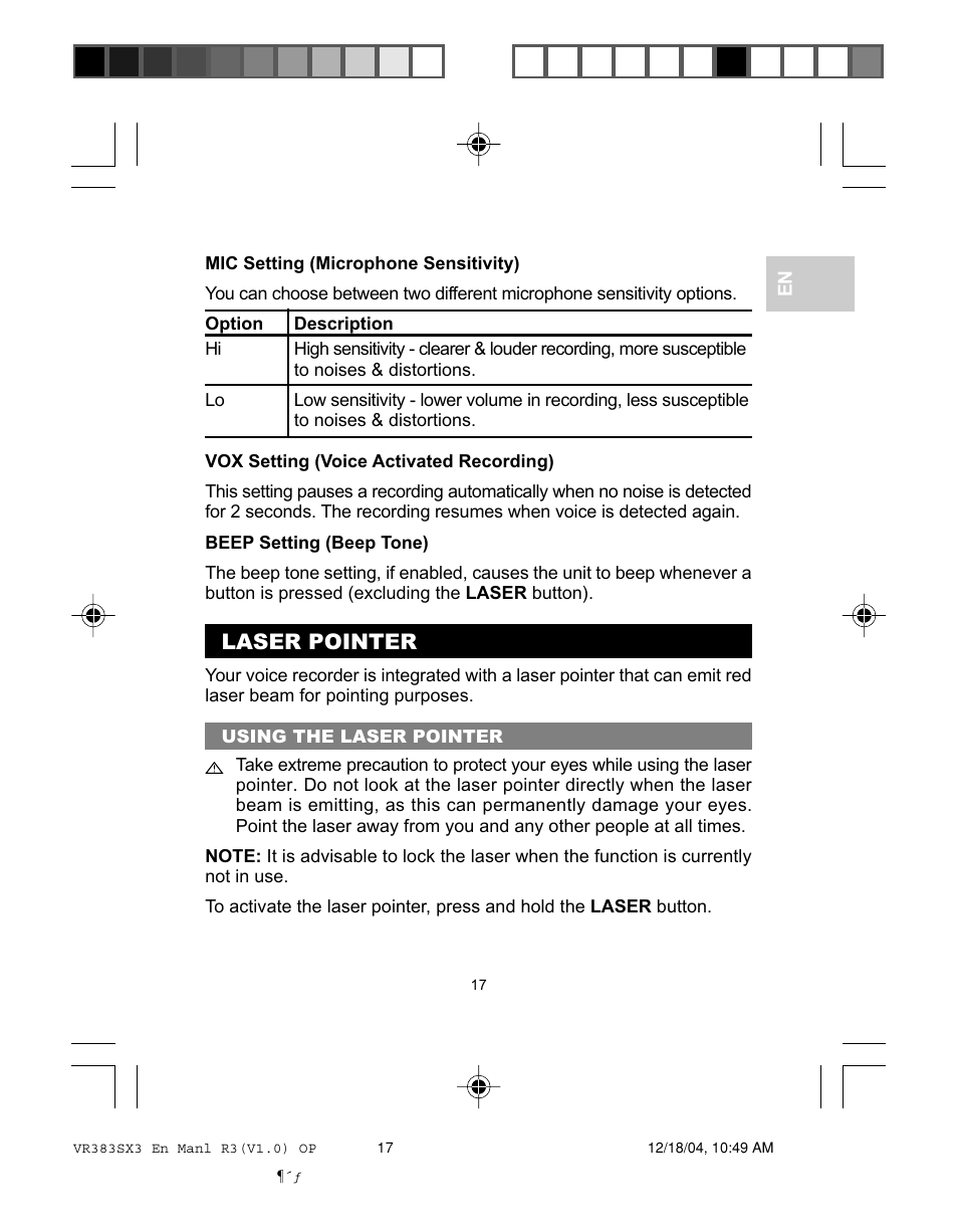 Laser pointer | Oregon VR383SX3 User Manual | Page 20 / 28