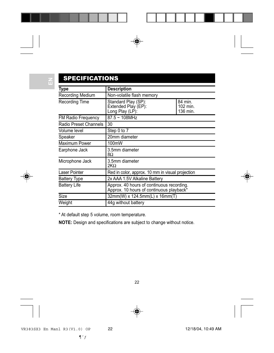 Specifications | Oregon VR383SX3 User Manual | Page 25 / 28