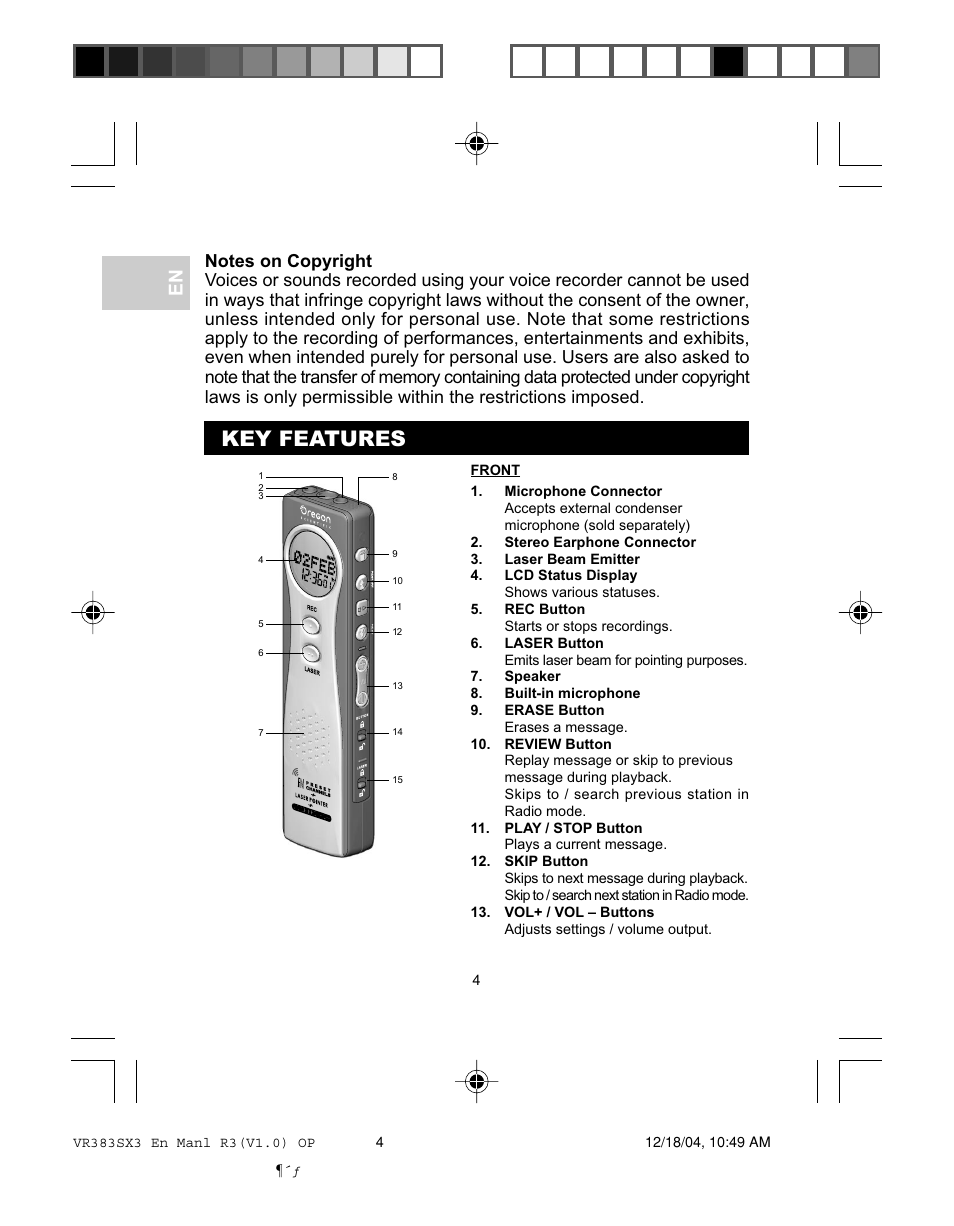 Key features | Oregon VR383SX3 User Manual | Page 7 / 28