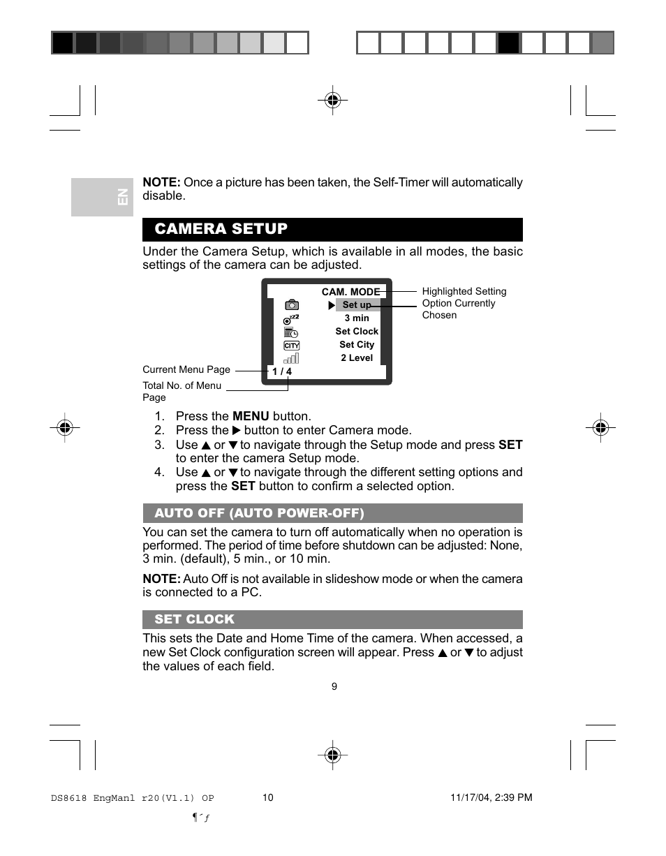 Camera setup | Oregon DS8618 User Manual | Page 13 / 47