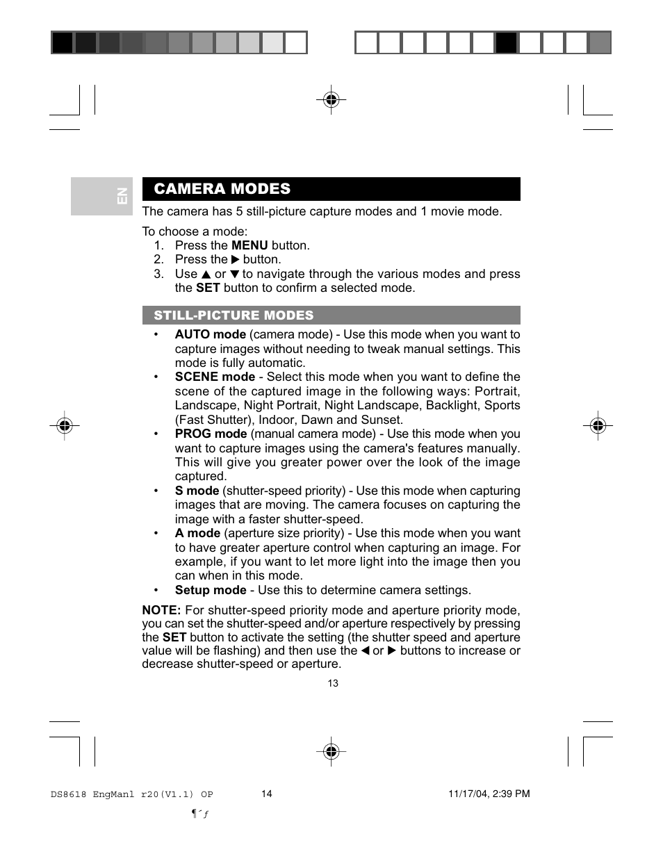 Camera modes | Oregon DS8618 User Manual | Page 17 / 47