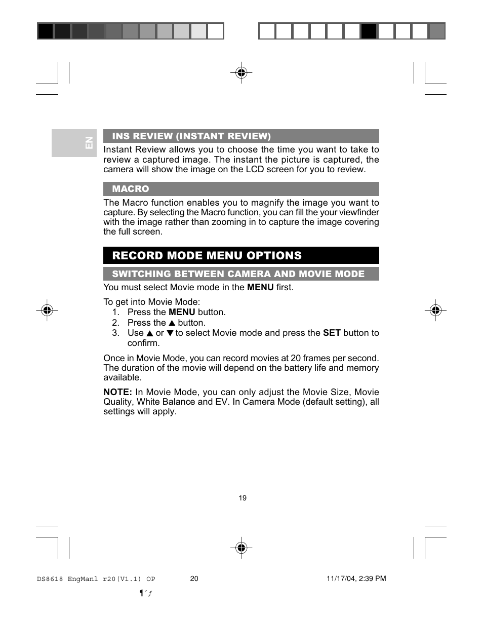 Record mode menu options | Oregon DS8618 User Manual | Page 23 / 47