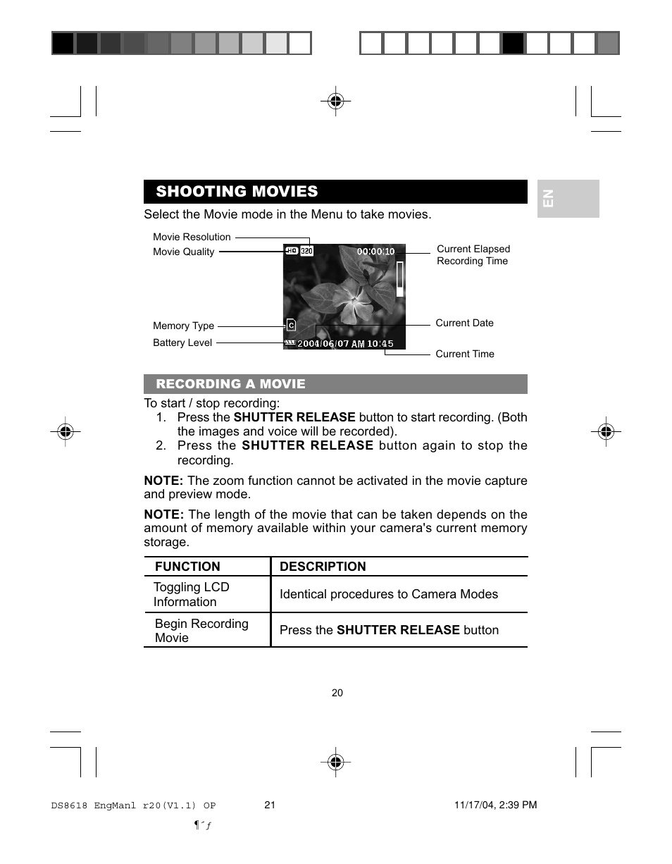 Shooting movies | Oregon DS8618 User Manual | Page 24 / 47