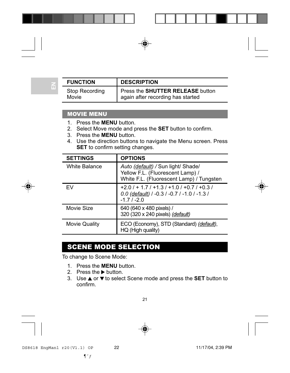 Scene mode selection | Oregon DS8618 User Manual | Page 25 / 47