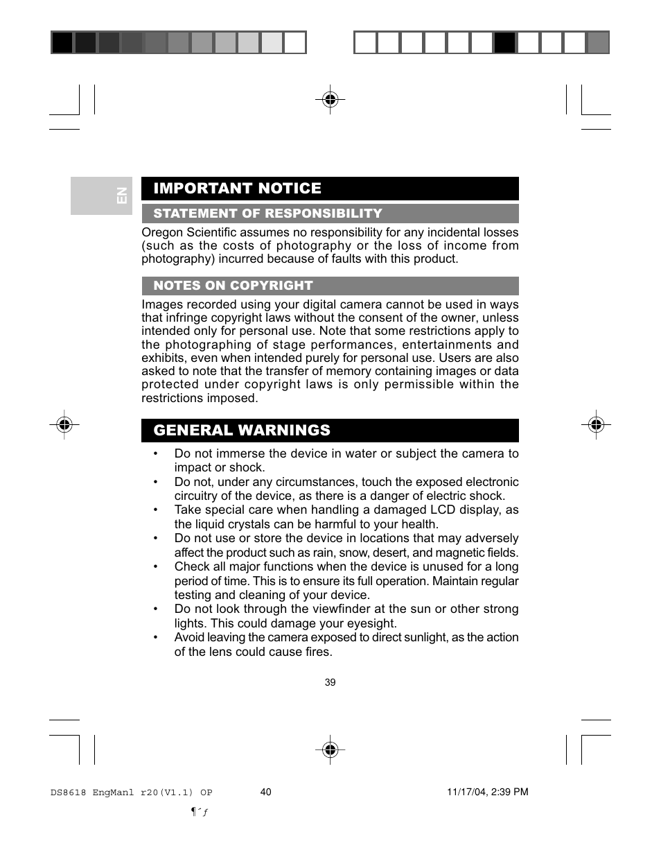 Important notice, General warnings | Oregon DS8618 User Manual | Page 43 / 47