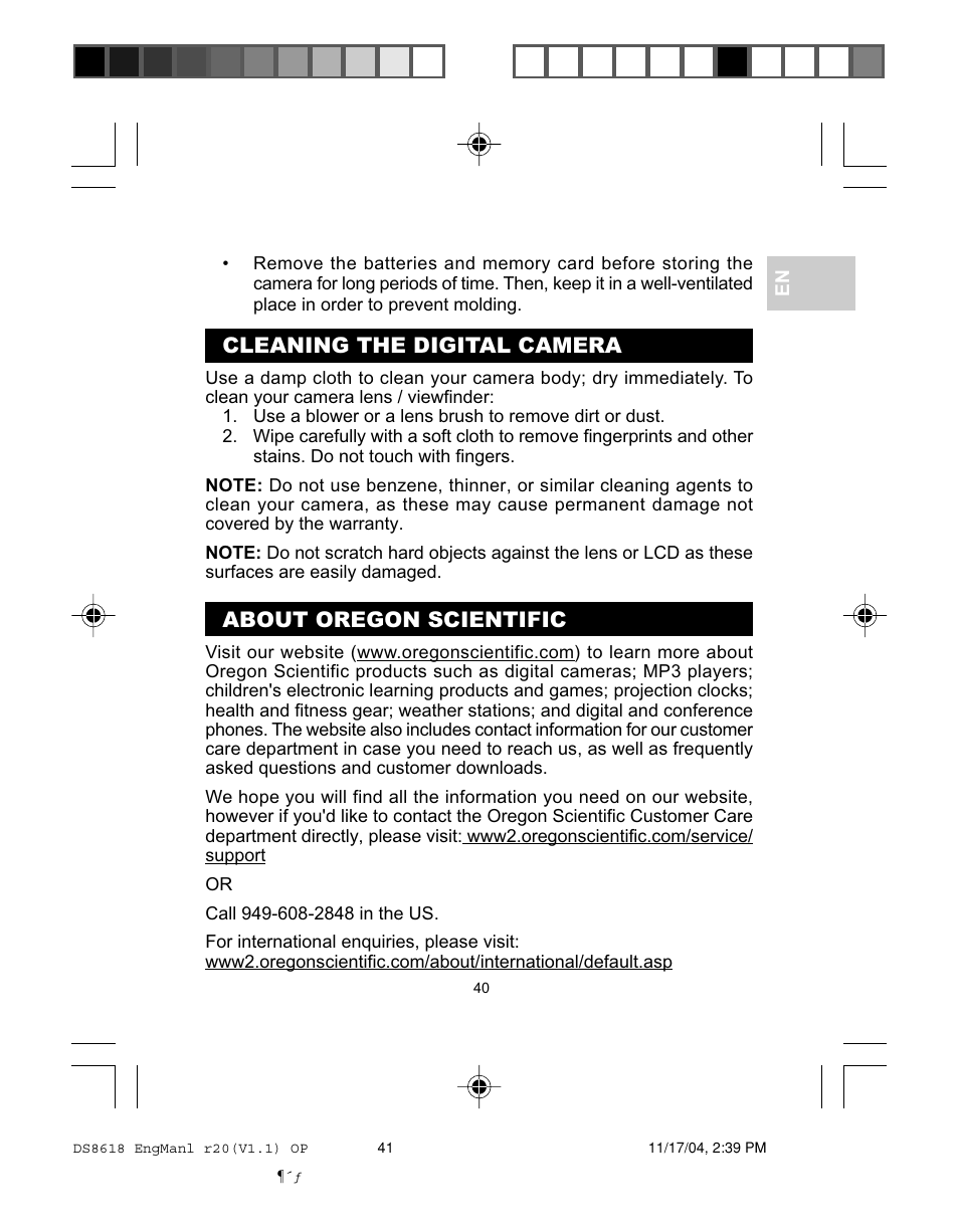 Cleaning the digital camera, About oregon scientific | Oregon DS8618 User Manual | Page 44 / 47