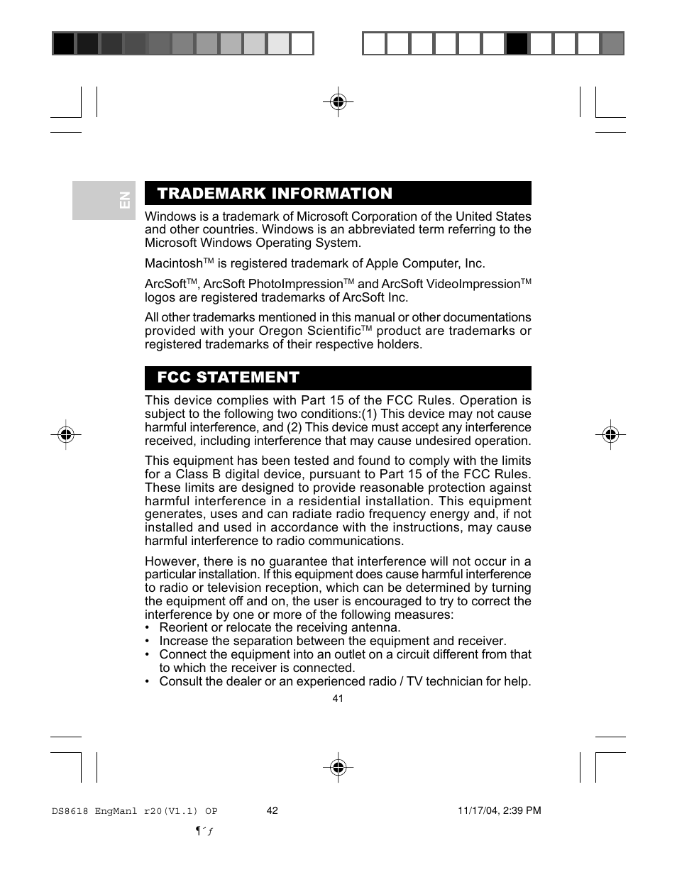 Trademark information, Fcc statement | Oregon DS8618 User Manual | Page 45 / 47