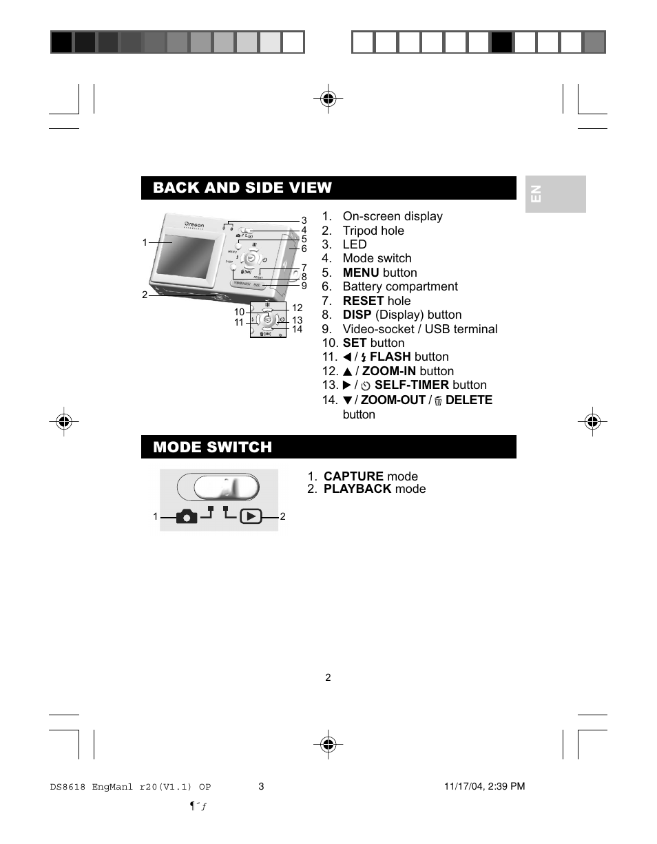 Back and side view, Mode switch | Oregon DS8618 User Manual | Page 6 / 47