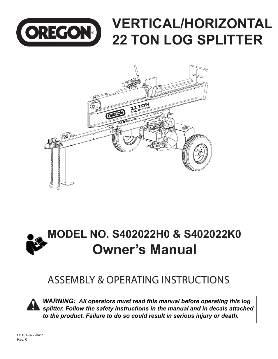 Oregon Vertical/Horizontal 22 Ton Log Splitter S402022H0/S402022K0 User Manual | 20 pages