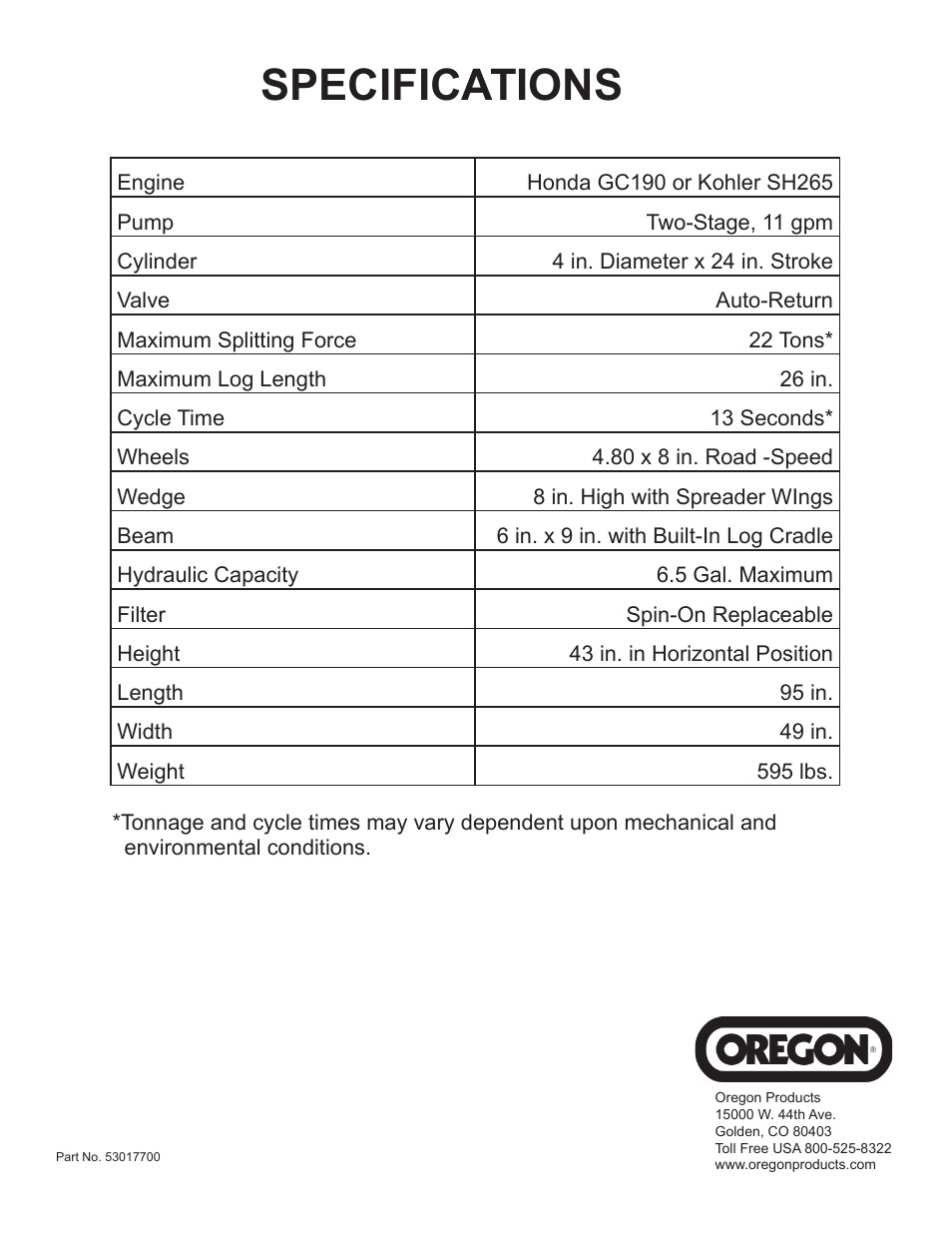Specifications | Oregon Vertical/Horizontal 22 Ton Log Splitter S402022H0/S402022K0 User Manual | Page 20 / 20