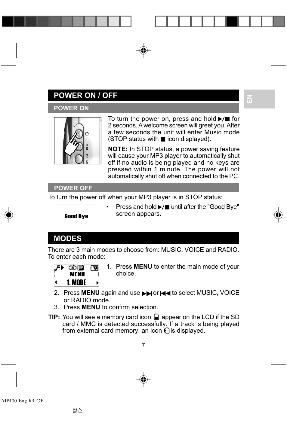 Power on / off, Modes | Oregon MP 130 User Manual | Page 10 / 29