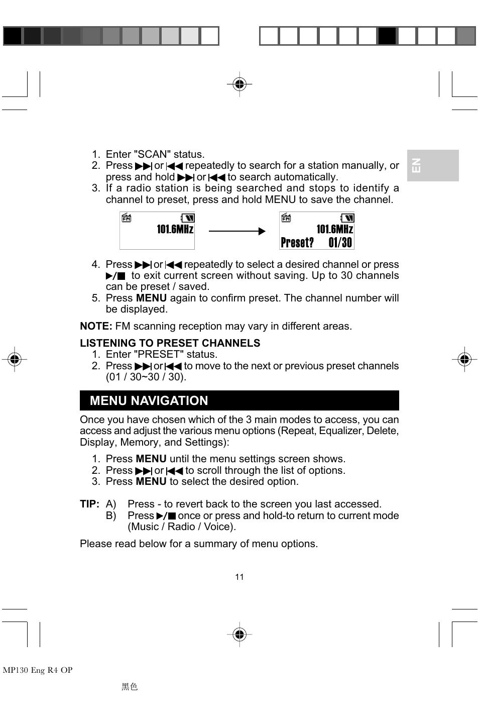 Menu navigation | Oregon MP 130 User Manual | Page 14 / 29