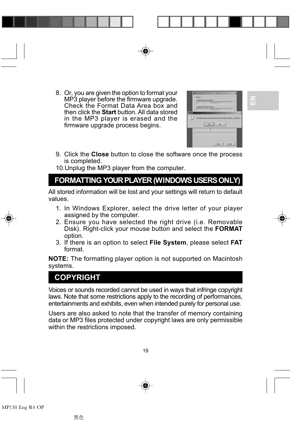 Formatting your player (windows users only), Copyright | Oregon MP 130 User Manual | Page 22 / 29