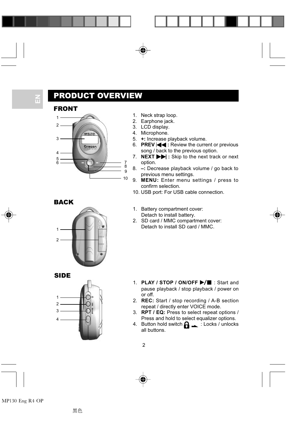 Product overview, Back, Side front | Oregon MP 130 User Manual | Page 5 / 29