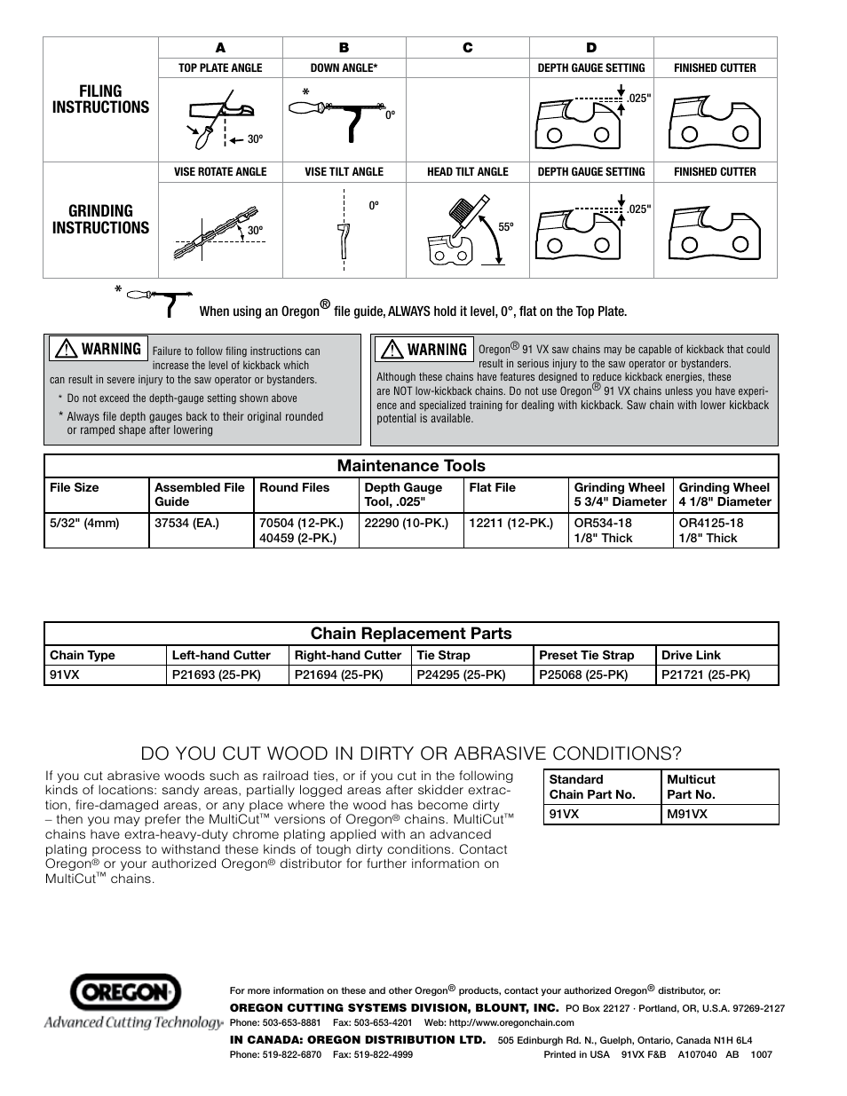 Do you cut wood in dirty or abrasive conditions, Chain replacement parts, Maintenance tools | Filing instructions, Grinding instructions | Oregon 91VX User Manual | Page 2 / 2